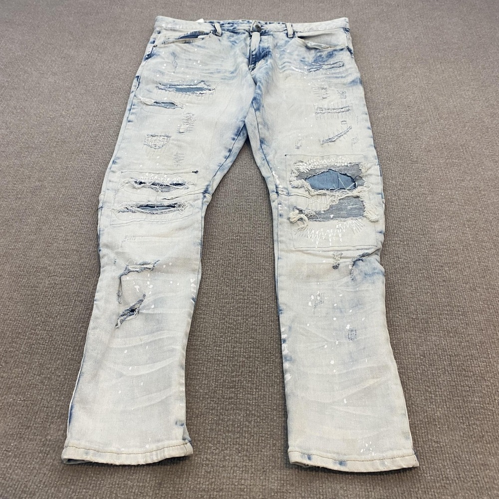 Smoke Rise Jeans Mens 38x32 Blue Acid Wash Straight Distressed Stretch Denim